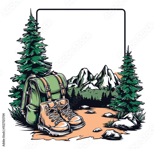 Hiking Adventure Illustration with Boots, Backpack, and Mountains Design