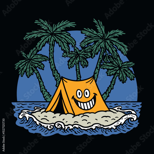Happy Cartoon Tent on an Island Surrounded by Tropical Palm Trees