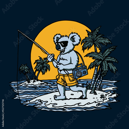 Cool Koala Character Fishing on Tropical Island with Palm Trees Illustration