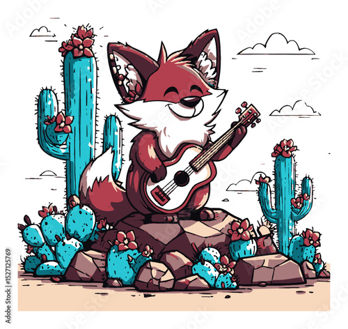 Happy Fox Singing with Ukulele Among Cacti in Colorful Landscape