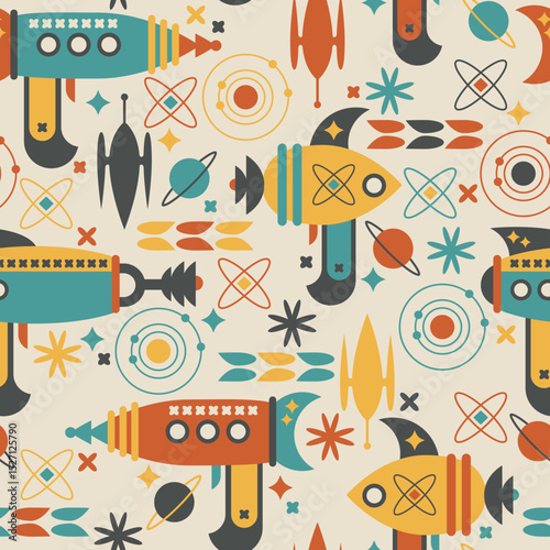Retro Futuristic Ray Gun Pattern – Seamless Atomic Age Space Blasters and Planets