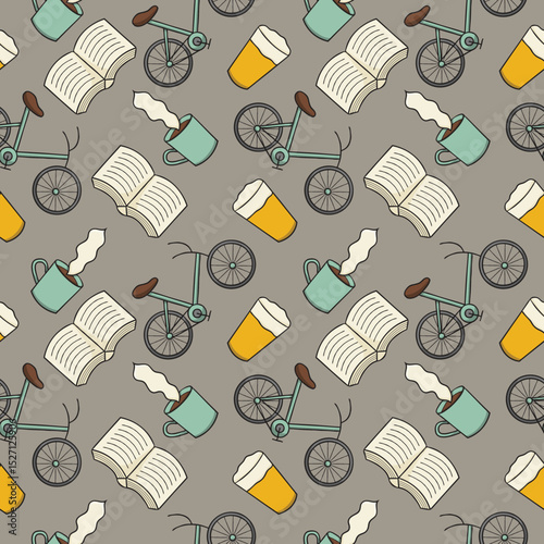 Cozy Lifestyle Seamless Pattern – Whimsical illustration of bicycles, books, coffee mugs, and beer glasses in a hand-drawn style on a warm taupe background. 