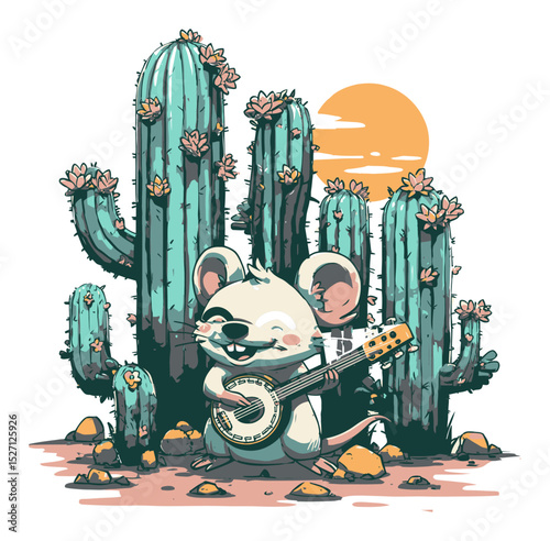 Cute Mouse Playing Banjo Surrounded by Cacti in Vibrant Illustration
