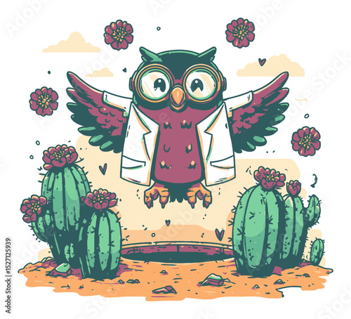 Colorful Illustration of an Owl Scientist Surrounded by Desert Plants