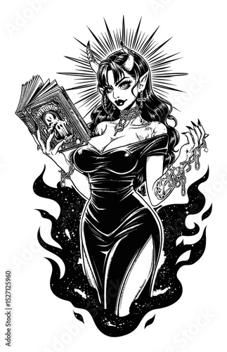 Dark Fantasy Illustration of Enchantress with Spellbook and Flames