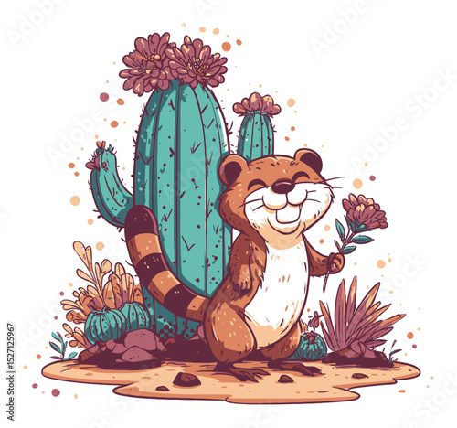 Cheerful Forest Animal Holding Flower Near Cactus in Colorful Vector Art