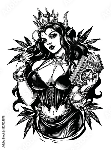 Gothic Fantasy Illustration of Dark Queen Holding Grimoire and Plants