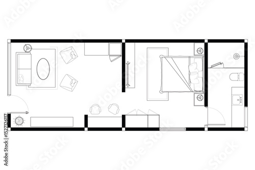 Modern Studio Apartment Floor Plan with Furniture Layout. Vector Lines Black on White Background. 3