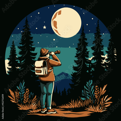 Enthusiastic Explorer Observing Moonlit Night Sky Through Telescope