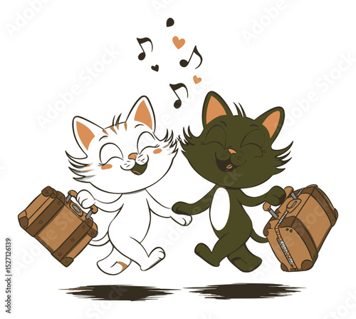 Cheerful Cats Singing with Luggage in Playful Vector Art Illustration