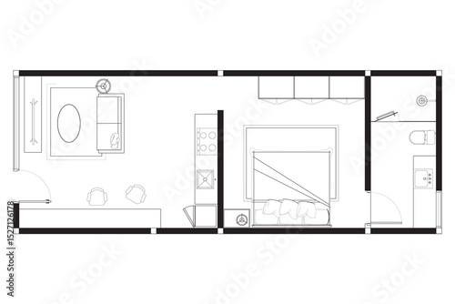Modern Studio Apartment Floor Plan with Furniture Layout. Vector Lines Black on White Background. 1