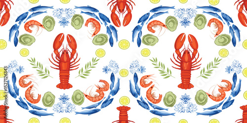Tropical lobster pattern, summer Italy vacation mood. Cute coastal damask ornament, summer beach arched print, hand drawn seafood, sardines, shrimps, seaweeds. Vector textile design wallpaper