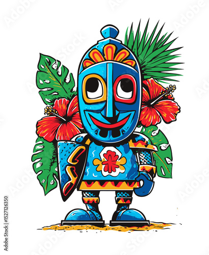Vibrant Cartoon Character with Tropical Floral Background and Mask