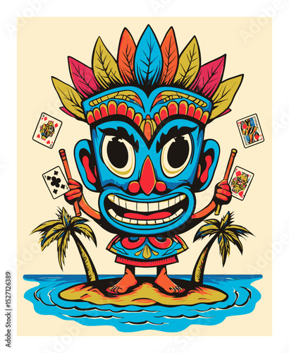 Tropical Cartoon Character with Vibrant Mask and Iconic Island Setting