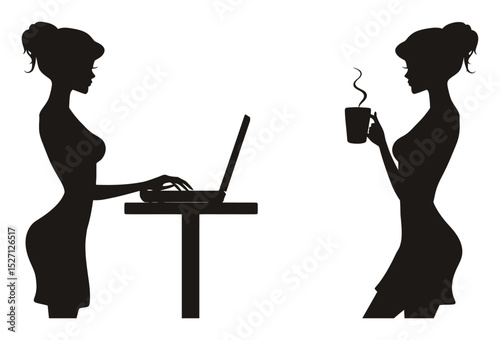 Hand-Drawn Silhouette of Woman Working on Laptop and Holding Coffee Cup
