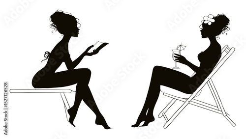 Hand-Drawn Silhouette Art of Women Relaxing with Book and Drink