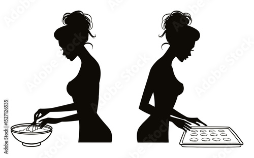 Elegant Silhouette of Woman Preparing Dough and Baking Cookies in Art