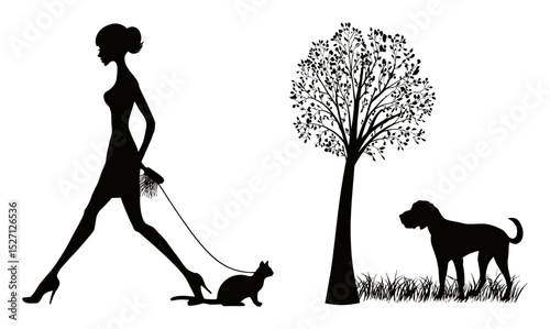 Elegant Silhouette of Woman Walking Cat with Dog and Tree Illustration