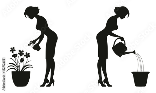 Hand Drawn Silhouette of Woman Gardening with Flowers and Watering Can