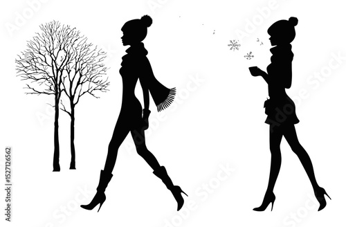 Elegant Hand-Drawn Silhouette of a Woman with Trees in Winter Scene