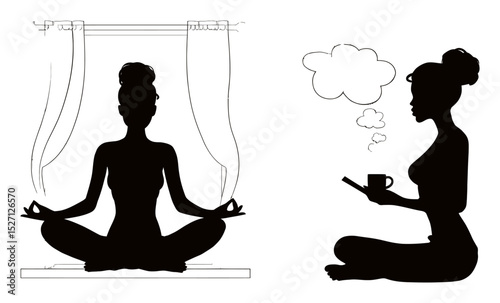 Elegant Silhouette of Woman Meditating and Dreaming at Home