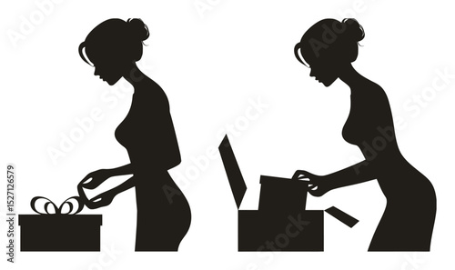 Elegant Silhouette of Woman Unwrapping Gift Box with Joyful Anticipation
