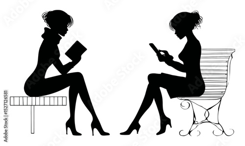 Elegant Silhouette of Women Reading Books in Minimalist Art Style