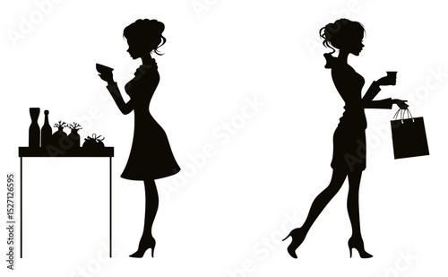 Elegant Silhouettes of Women Engaging in Social Activities and Shopping