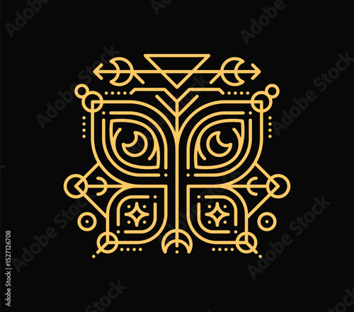 Magic Boho esoteric butterfly insect symbol or tattoo. Golden celestial elegant vector tattoo, fantasy magic symbol. Linear esoteric Y2K print or yellow mystic Boho sign with stars, arrows