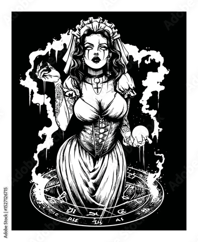 Gothic Hand-Drawn Illustration of a Mysterious Woman with Magical Elements