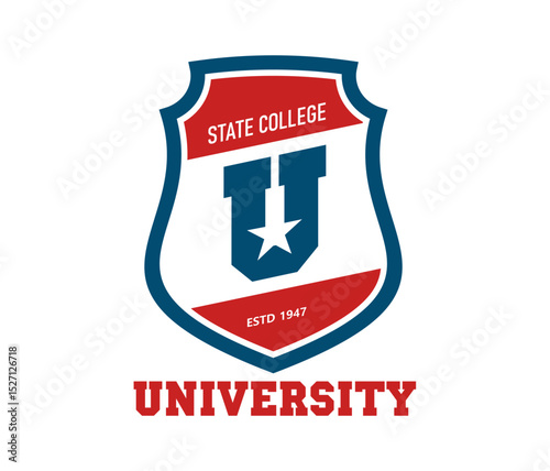 State university college icon. Vector emblem with shield, letter u, star and red blue color. Academic badge for sports team, American university branding, retro varsity typography and campus identity