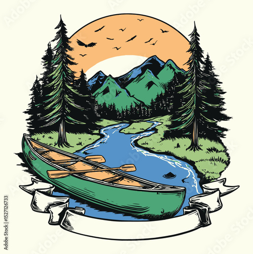 Canoeing Adventure in Nature with Mountain Landscape and Scenic River