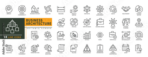 Minimalist Business Architecture line icons set with editable stroke, featuring develop, bussiness funcnionality, strategy, project,execution, innitiative, integrated view, assets, etc. illustration.