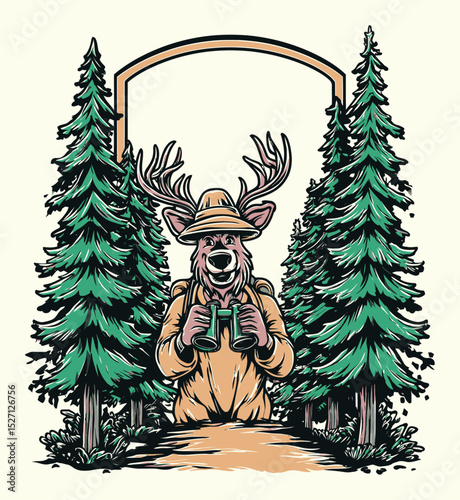 Cheerful Cartoon Animal in Forest with Binoculars and Tall Pine Trees