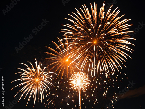 Bright, exploding fireworks illuminate the night sky, creating a dazzling display of light and celebration.