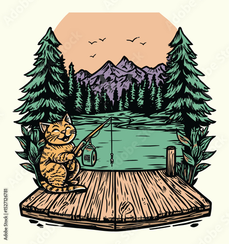 Cartoon Cat Fishing at Sunset by the Lake with Trees and Mountains