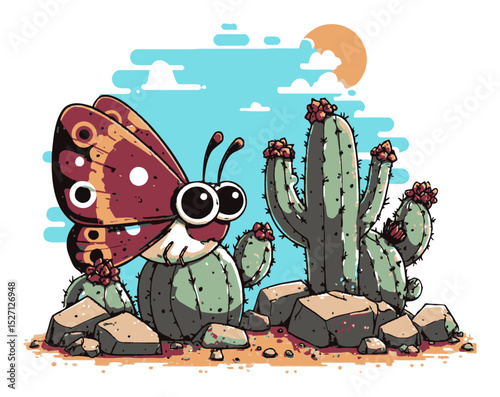 Colorful Butterfly on Cactus in Vibrant Desert Landscape Illustration