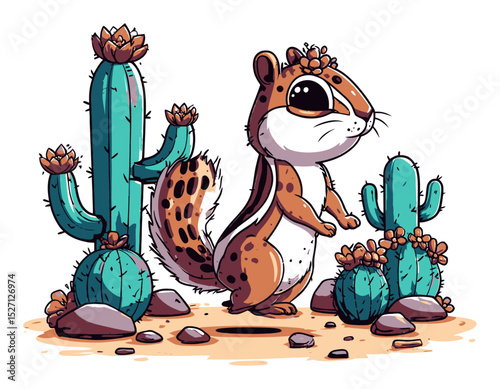 Cute Chipmunk Among Cacti in Colorful Vector Art Illustration