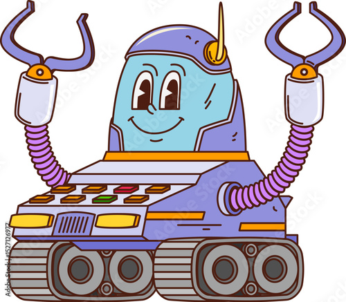 Cartoon groovy robot character with tracked base, claw arms and screen face. Vector Moon rover, comic mechanical droid personage with antenna, expressive eyes, buttons and Funny y2k retro vibe