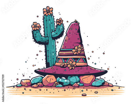 Colorful Hand-Drawn Hat with Cactus and Rocks in Desert Landscape