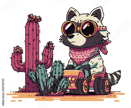 Playful Raccoon Character Driving in Colorful Desert Landscape Illustration
