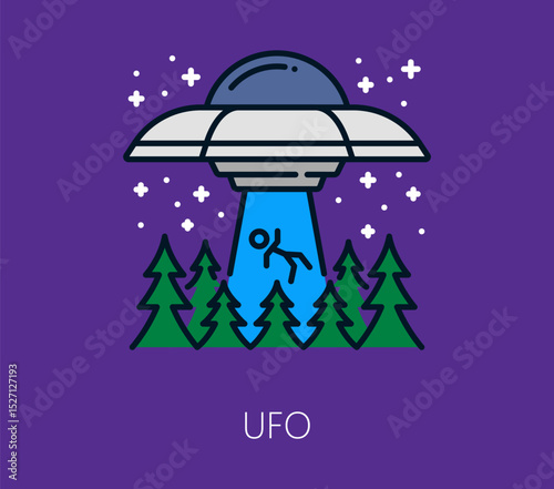 Space galaxy UFO saucer spaceship color thin line icon. Space outline sign, cosmos exploration linear vector symbol. Galaxy outerspace flight line icon or astronomy lineart icon with alien abduction