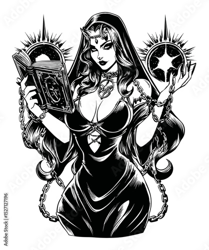 Enigmatic Gothic Fantasy Illustration of a Sorceress Holding a Spellbook