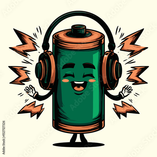 Cheerful Cartoon Battery Character with Headphones Enjoying Music Vibes