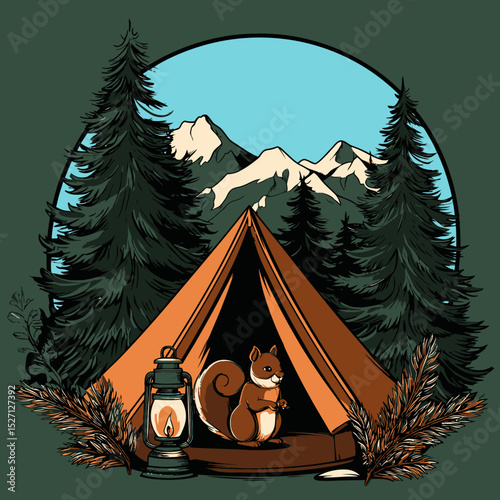 Cozy Camping Scene with Squirrel Inside Tent Amidst Pine Trees