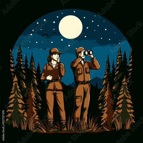Cartoon Characters Exploring Nature Under a Full Moon Sky