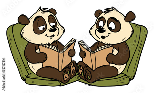 Cute Pandas Enjoying Story Time with Books in Bright Vector Illustration