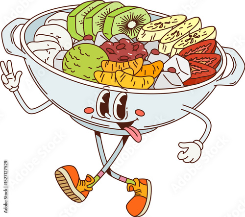 Cartoon retro groovy japanese anmitsu dessert character. Japanese cuisine dessert meal cute groovy personage, anmitsu bowl with kiwi, banana and tangerine fruit, strawberry, pomegranate and agar