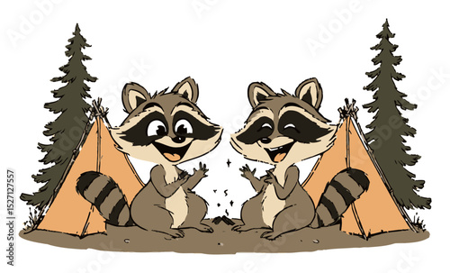 Playful Raccoons Camping Together Near Forest Tents and Trees