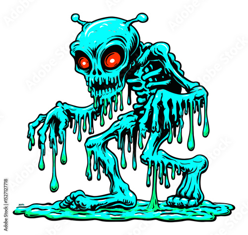 Cartoon Alien Skeleton with Glow Effects and Dripping Elements